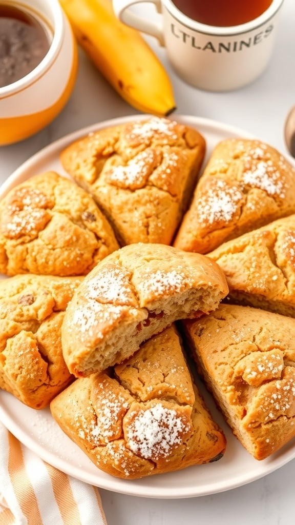 Freshly baked banana bread scones on a plate, with a dusting of powdered sugar and ripe bananas.